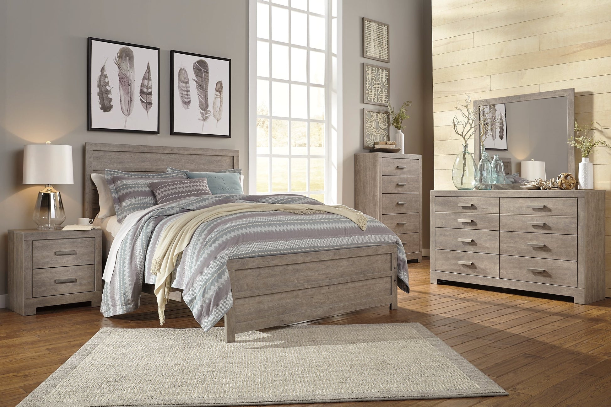 Culverbach Queen Panel Bed with Mirrored Dresser, Chest and 2 Nightstands at Walker Mattress and Furniture Locations in Cedar Park and Belton TX.