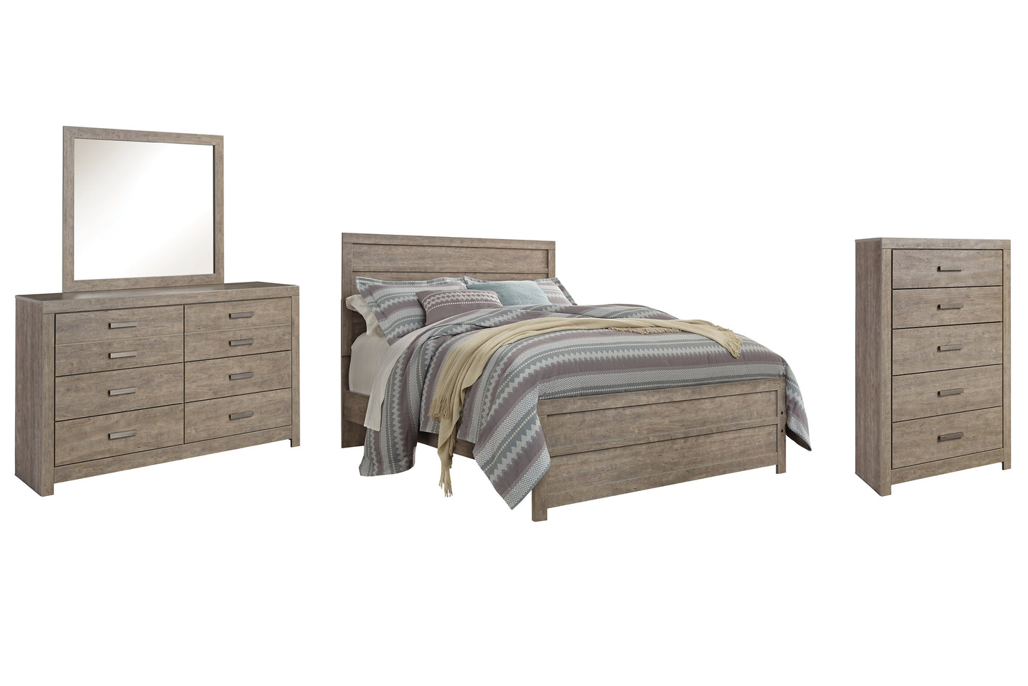 Culverbach Queen Panel Bed with Mirrored Dresser and Chest at Walker Mattress and Furniture Locations in Cedar Park and Belton TX.