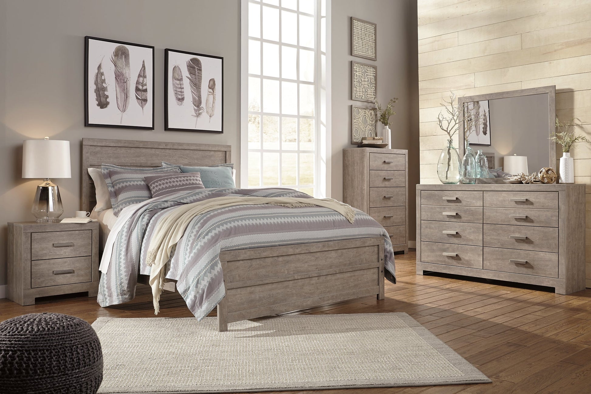 Culverbach Queen Panel Bed with Mirrored Dresser and Chest at Walker Mattress and Furniture Locations in Cedar Park and Belton TX.