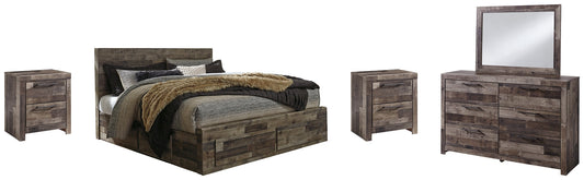 Derekson King Panel Bed with 4 Storage Drawers with Mirrored Dresser and 2 Nightstands at Walker Mattress and Furniture Locations in Cedar Park and Belton TX.