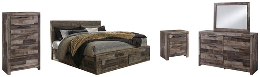 Derekson King Panel Bed with 6 Storage Drawers with Mirrored Dresser, Chest and Nightstand at Walker Mattress and Furniture Locations in Cedar Park and Belton TX.