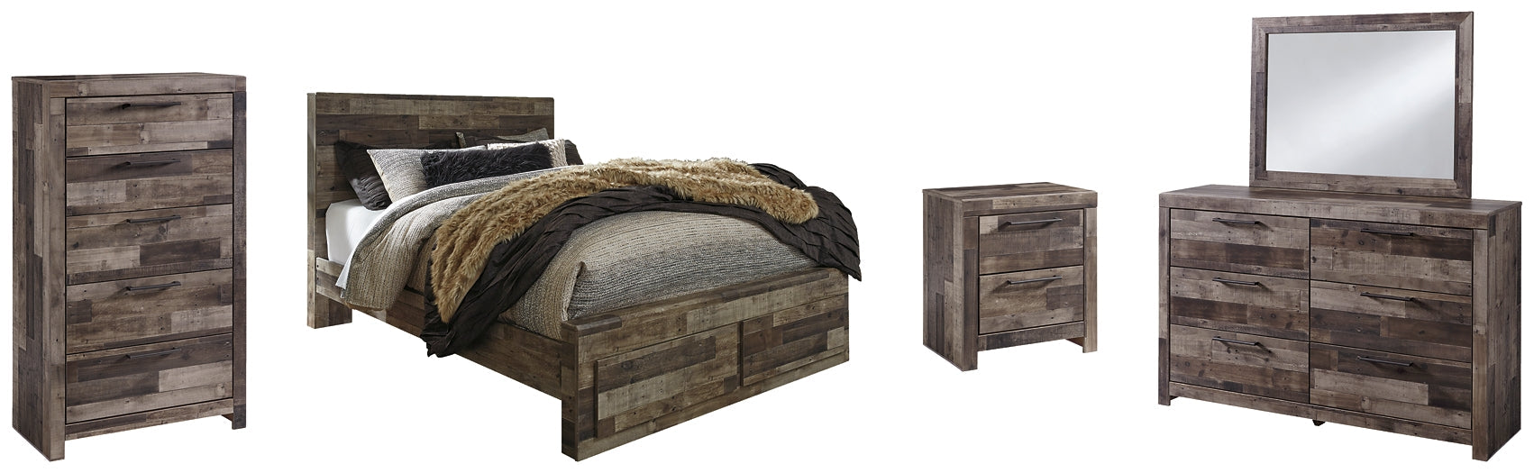 Derekson Queen Panel Bed with 2 Storage Drawers with Mirrored Dresser, Chest and Nightstand at Walker Mattress and Furniture Locations in Cedar Park and Belton TX.