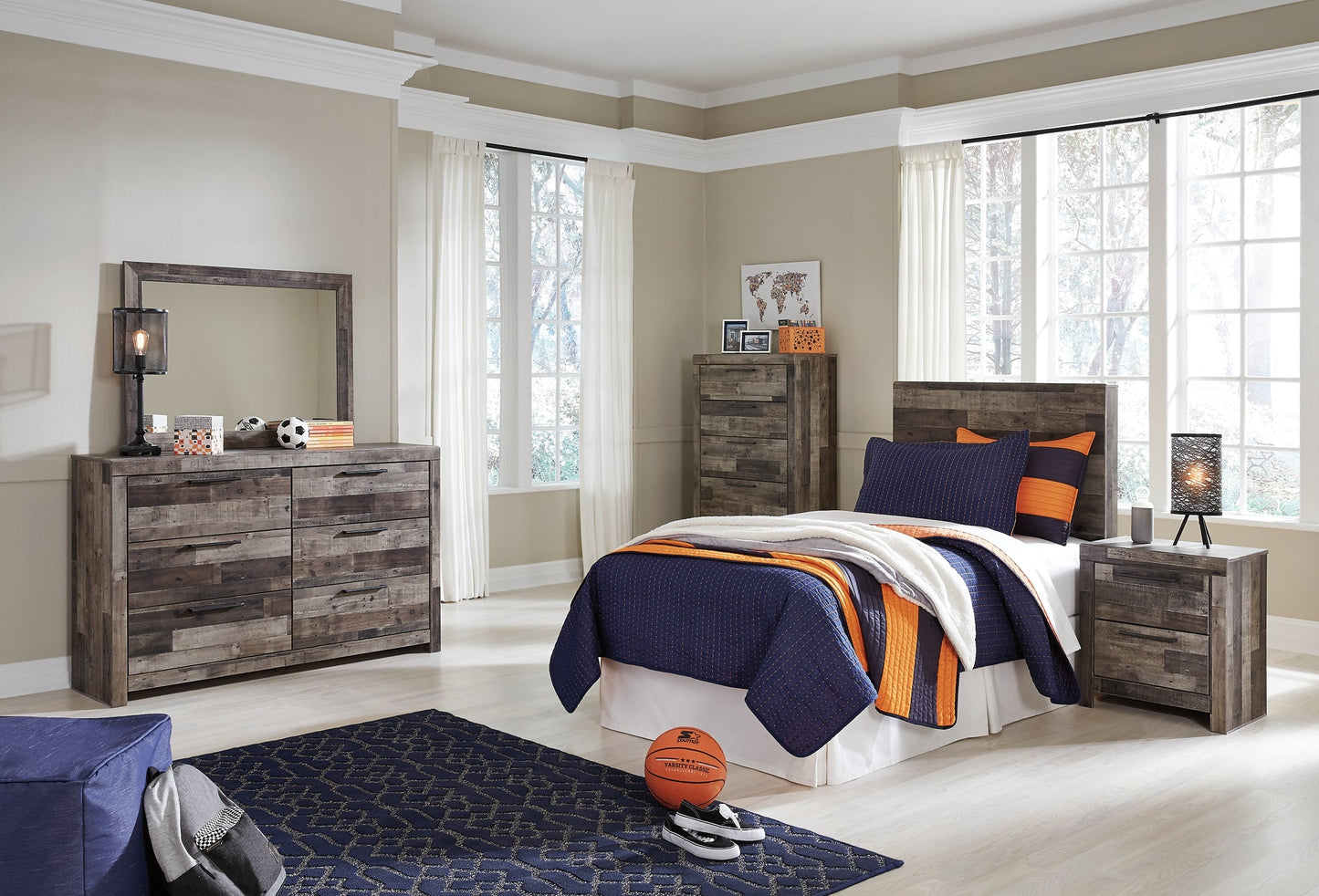 Derekson Twin Panel Headboard with Mirrored Dresser, Chest and Nightstand at Walker Mattress and Furniture Locations in Cedar Park and Belton TX.