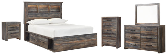 Drystan Full Bookcase Bed with 2 Storage Drawers with Mirrored Dresser, Chest and Nightstand at Walker Mattress and Furniture Locations in Cedar Park and Belton TX.