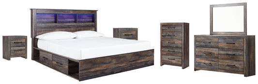 Drystan King Bookcase Bed with 2 Storage Drawers with Mirrored Dresser, Chest and 2 Nightstands at Walker Mattress and Furniture Locations in Cedar Park and Belton TX.