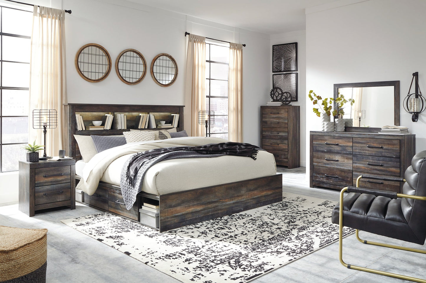 Drystan King Bookcase Bed with 2 Storage Drawers with Mirrored Dresser and 2 Nightstands at Walker Mattress and Furniture Locations in Cedar Park and Belton TX.