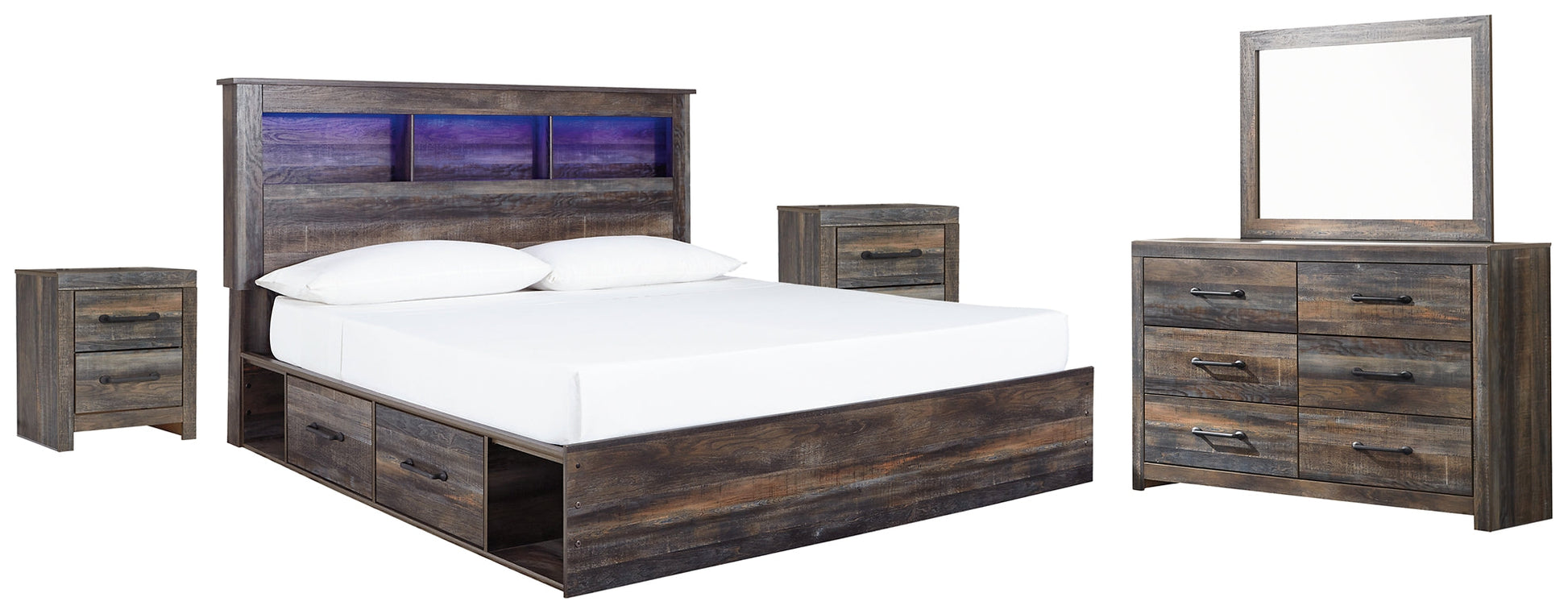 Drystan King Bookcase Bed with 2 Storage Drawers with Mirrored Dresser and 2 Nightstands at Walker Mattress and Furniture Locations in Cedar Park and Belton TX.
