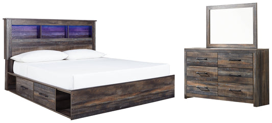 Drystan King Bookcase Bed with 2 Storage Drawers with Mirrored Dresser at Walker Mattress and Furniture Locations in Cedar Park and Belton TX.