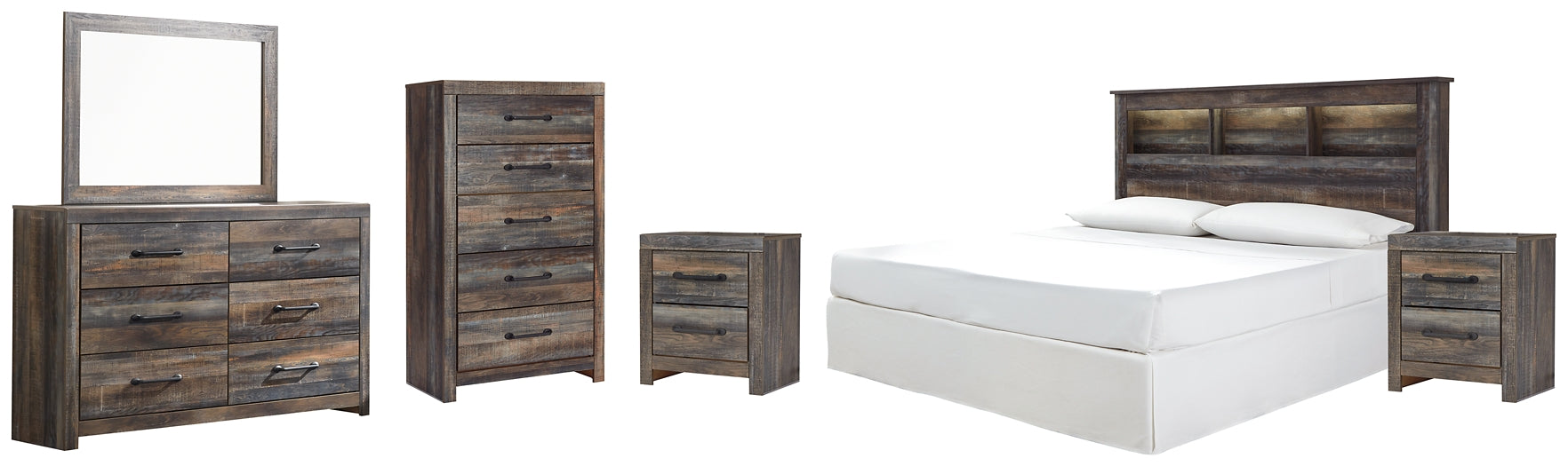 Drystan King/California King Bookcase Headboard with Mirrored Dresser, Chest and 2 Nightstands at Walker Mattress and Furniture Locations in Cedar Park and Belton TX.