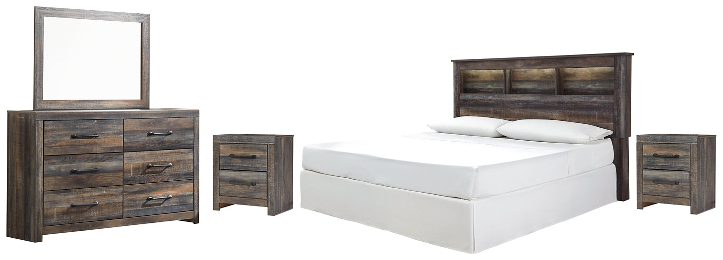 Drystan King/California King Bookcase Headboard with Mirrored Dresser and 2 Nightstands at Walker Mattress and Furniture Locations in Cedar Park and Belton TX.