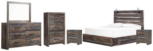 Drystan King Panel Bed with 2 Storage Drawers with Mirrored Dresser, Chest and 2 Nightstands at Walker Mattress and Furniture Locations in Cedar Park and Belton TX.