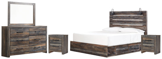 Drystan King Panel Bed with 2 Storage Drawers with Mirrored Dresser and 2 Nightstands at Walker Mattress and Furniture Locations in Cedar Park and Belton TX.