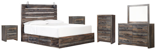 Drystan King Panel Bed with 4 Storage Drawers with Mirrored Dresser, Chest and 2 Nightstands at Walker Mattress and Furniture Locations in Cedar Park and Belton TX.