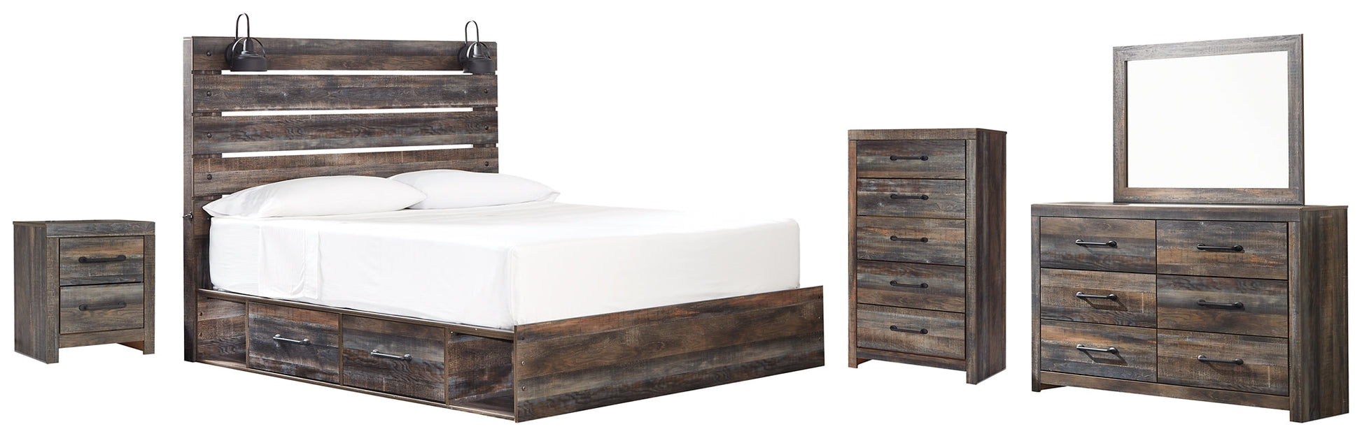 Drystan King Panel Bed with 4 Storage Drawers with Mirrored Dresser, Chest and Nightstand at Walker Mattress and Furniture Locations in Cedar Park and Belton TX.