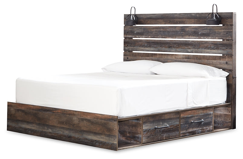 Drystan King Panel Bed with 4 Storage Drawers with Mirrored Dresser, Chest and Nightstand at Walker Mattress and Furniture Locations in Cedar Park and Belton TX.