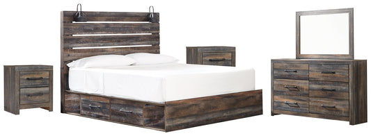 Drystan King Panel Bed with 4 Storage Drawers with Mirrored Dresser and 2 Nightstands at Walker Mattress and Furniture Locations in Cedar Park and Belton TX.