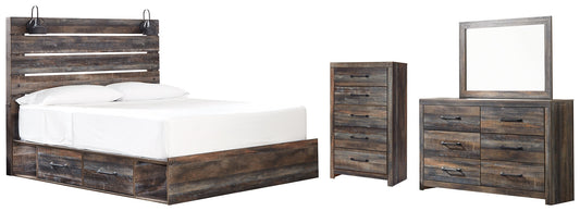 Drystan King Panel Bed with 4 Storage Drawers with Mirrored Dresser and Chest at Walker Mattress and Furniture Locations in Cedar Park and Belton TX.