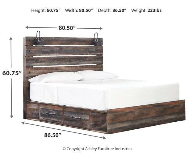 Drystan King Panel Bed with 4 Storage Drawers with Mirrored Dresser at Walker Mattress and Furniture Locations in Cedar Park and Belton TX.