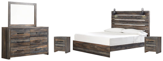 Drystan King Panel Bed with Mirrored Dresser and 2 Nightstands at Walker Mattress and Furniture Locations in Cedar Park and Belton TX.