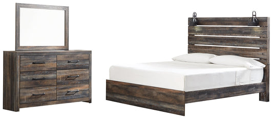 Drystan King Panel Bed with Mirrored Dresser at Walker Mattress and Furniture Locations in Cedar Park and Belton TX.