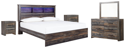 Drystan King Panel Bookcase Bed with Mirrored Dresser at Walker Mattress and Furniture Locations in Cedar Park and Belton TX.