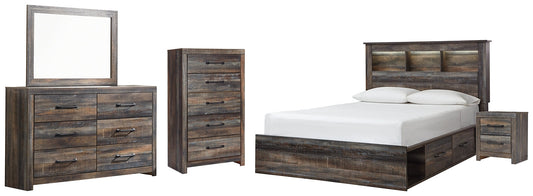 Drystan Queen Bookcase Bed with 2 Storage Drawers with Mirrored Dresser, Chest and Nightstand at Walker Mattress and Furniture Locations in Cedar Park and Belton TX.