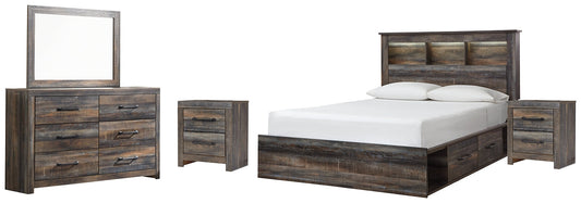 Drystan Queen Bookcase Bed with 2 Storage Drawers with Mirrored Dresser and 2 Nightstands at Walker Mattress and Furniture Locations in Cedar Park and Belton TX.