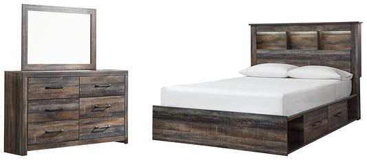 Drystan Queen Bookcase Bed with 2 Storage Drawers with Mirrored Dresser at Walker Mattress and Furniture Locations in Cedar Park and Belton TX.