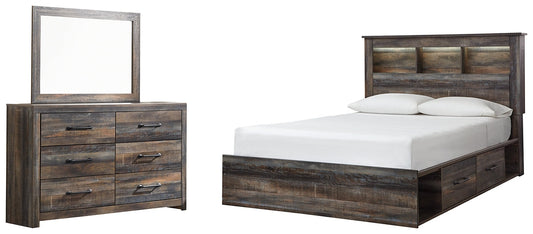 Drystan Queen Bookcase Bed with 4 Storage Drawers with Mirrored Dresser at Walker Mattress and Furniture Locations in Cedar Park and Belton TX.