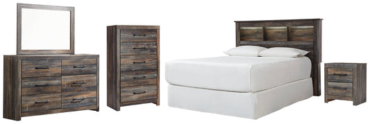 Drystan Queen/Full Bookcase Headboard with Mirrored Dresser, Chest and Nightstand at Walker Mattress and Furniture Locations in Cedar Park and Belton TX.