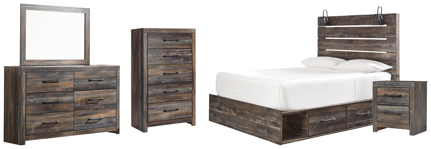 Drystan Queen Panel Bed with 2 Storage Drawers with Mirrored Dresser, Chest and Nightstand at Walker Mattress and Furniture Locations in Cedar Park and Belton TX.