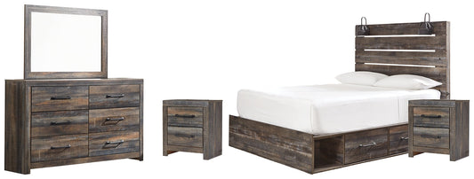 Drystan Queen Panel Bed with 2 Storage Drawers with Mirrored Dresser and 2 Nightstands at Walker Mattress and Furniture Locations in Cedar Park and Belton TX.