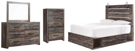 Drystan Queen Panel Bed with 2 Storage Drawers with Mirrored Dresser and Chest at Walker Mattress and Furniture Locations in Cedar Park and Belton TX.