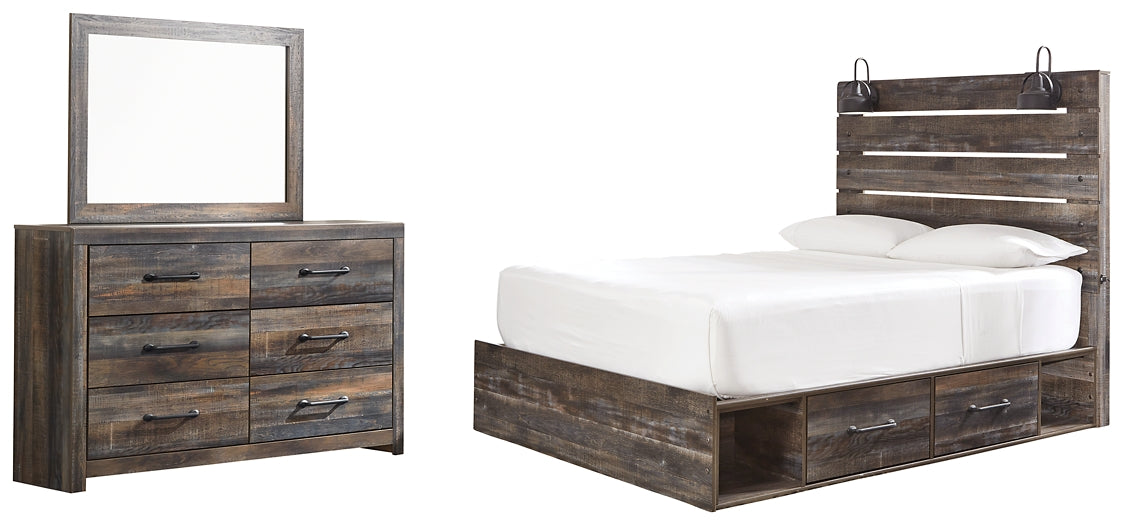 Drystan Queen Panel Bed with 2 Storage Drawers with Mirrored Dresser at Walker Mattress and Furniture Locations in Cedar Park and Belton TX.