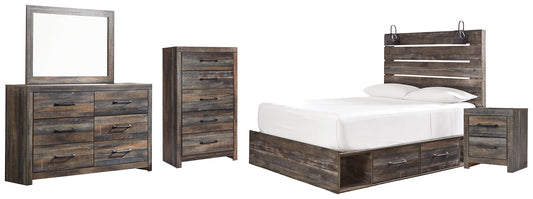 Drystan Queen Panel Bed with 4 Storage Drawers with Mirrored Dresser, Chest and Nightstand at Walker Mattress and Furniture Locations in Cedar Park and Belton TX.