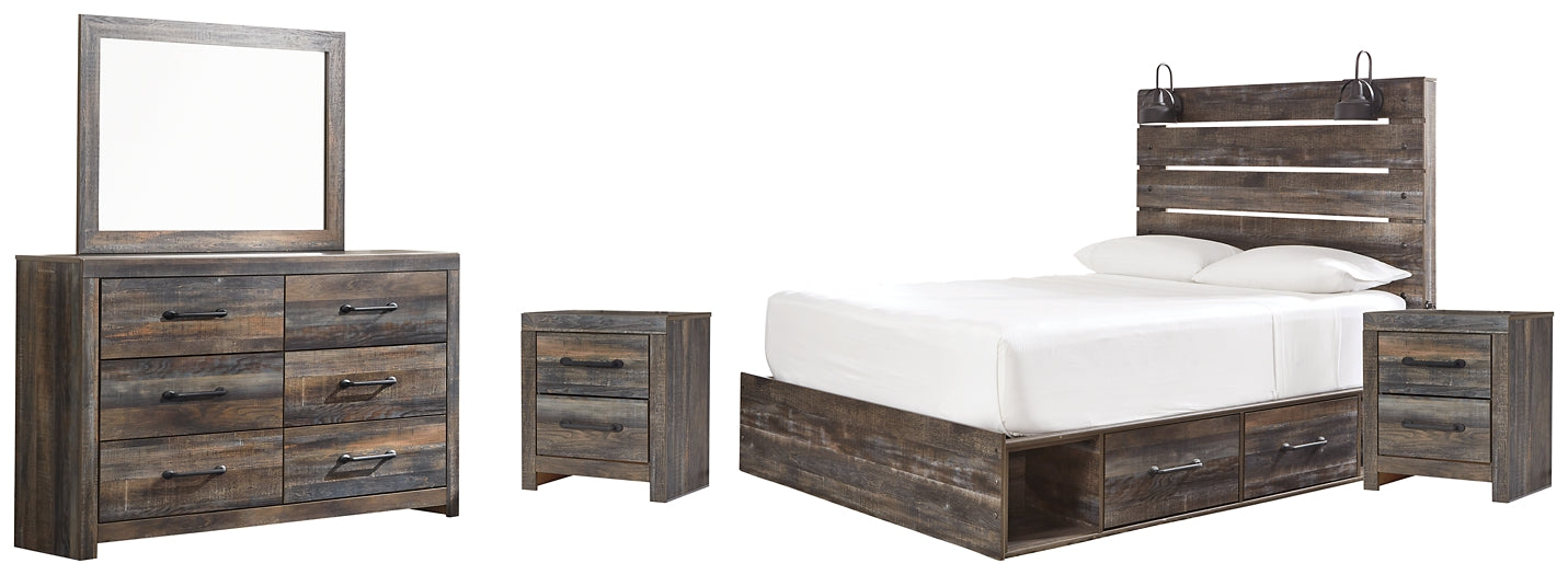 Drystan Queen Panel Bed with 4 Storage Drawers with Mirrored Dresser and 2 Nightstands at Walker Mattress and Furniture Locations in Cedar Park and Belton TX.