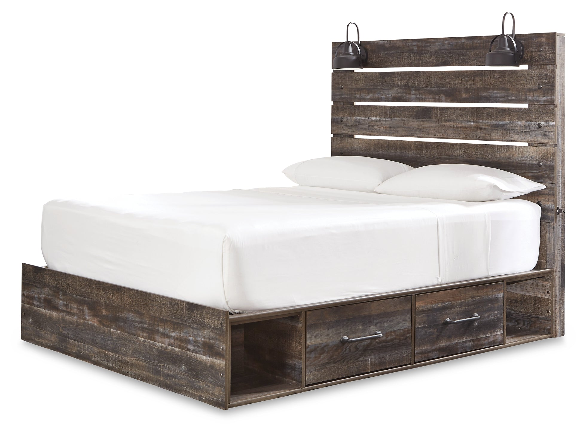 Drystan Queen Panel Bed with 4 Storage Drawers with Mirrored Dresser and 2 Nightstands at Walker Mattress and Furniture Locations in Cedar Park and Belton TX.