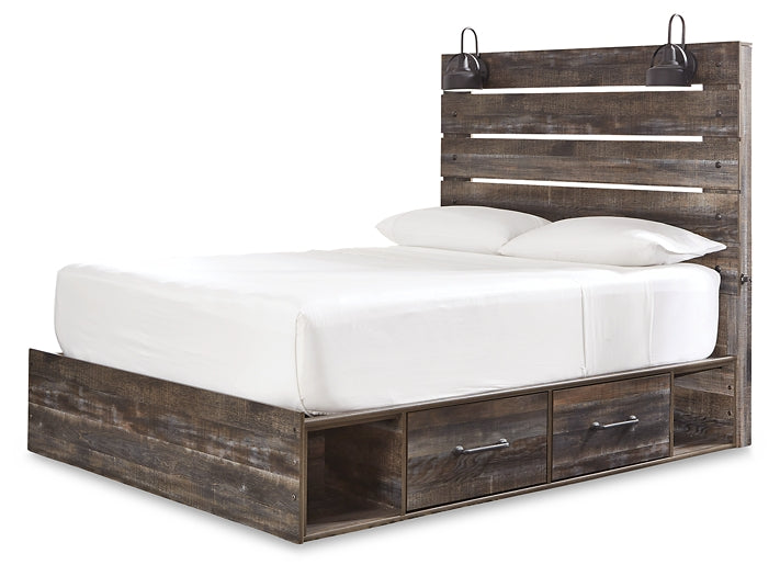 Drystan Queen Panel Bed with 4 Storage Drawers with Mirrored Dresser and Chest at Walker Mattress and Furniture Locations in Cedar Park and Belton TX.