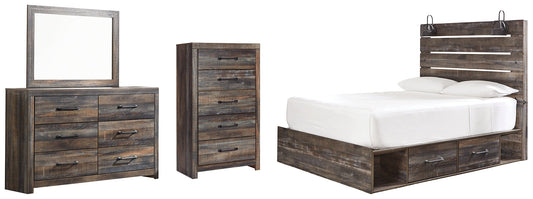 Drystan Queen Panel Bed with 4 Storage Drawers with Mirrored Dresser and Chest at Walker Mattress and Furniture Locations in Cedar Park and Belton TX.