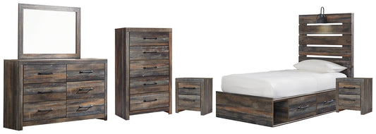 Drystan Twin Panel Bed with 4 Storage Drawers with Mirrored Dresser, Chest and 2 Nightstands at Walker Mattress and Furniture Locations in Cedar Park and Belton TX.