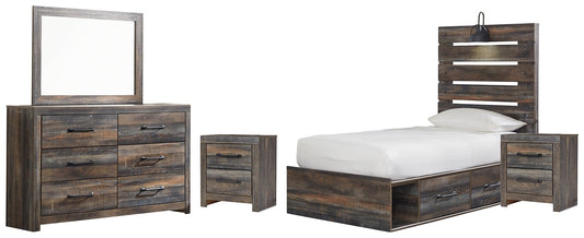 Drystan Twin Panel Bed with 4 Storage Drawers with Mirrored Dresser and 2 Nightstands at Walker Mattress and Furniture Locations in Cedar Park and Belton TX.