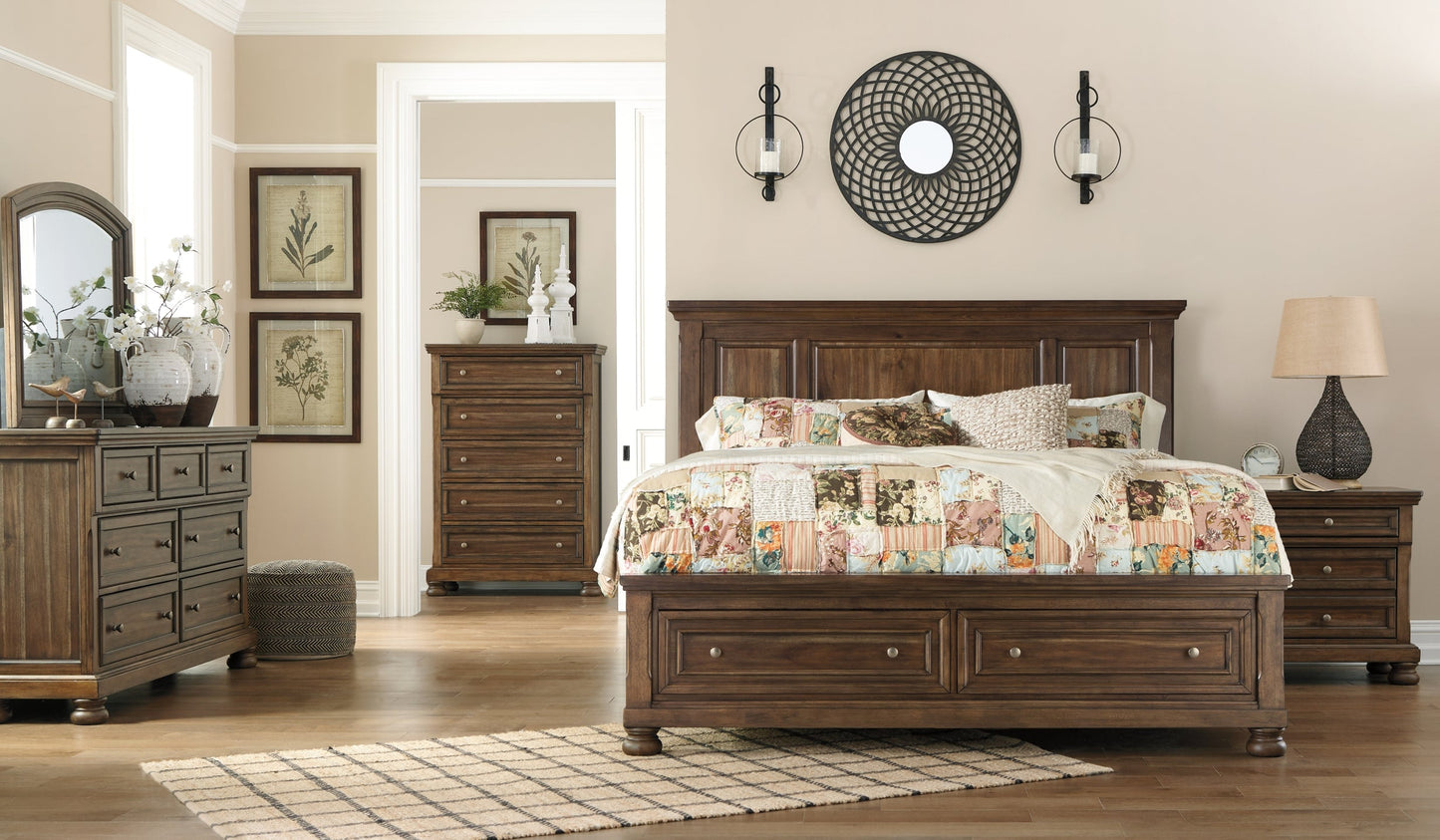 Flynnter Queen Panel Bed with Mirrored Dresser, Chest and Nightstand at Walker Mattress and Furniture Locations in Cedar Park and Belton TX.