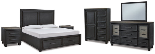 Foyland California King Panel Storage Bed with Mirrored Dresser, Chest and 2 Nightstands at Walker Mattress and Furniture Locations in Cedar Park and Belton TX.