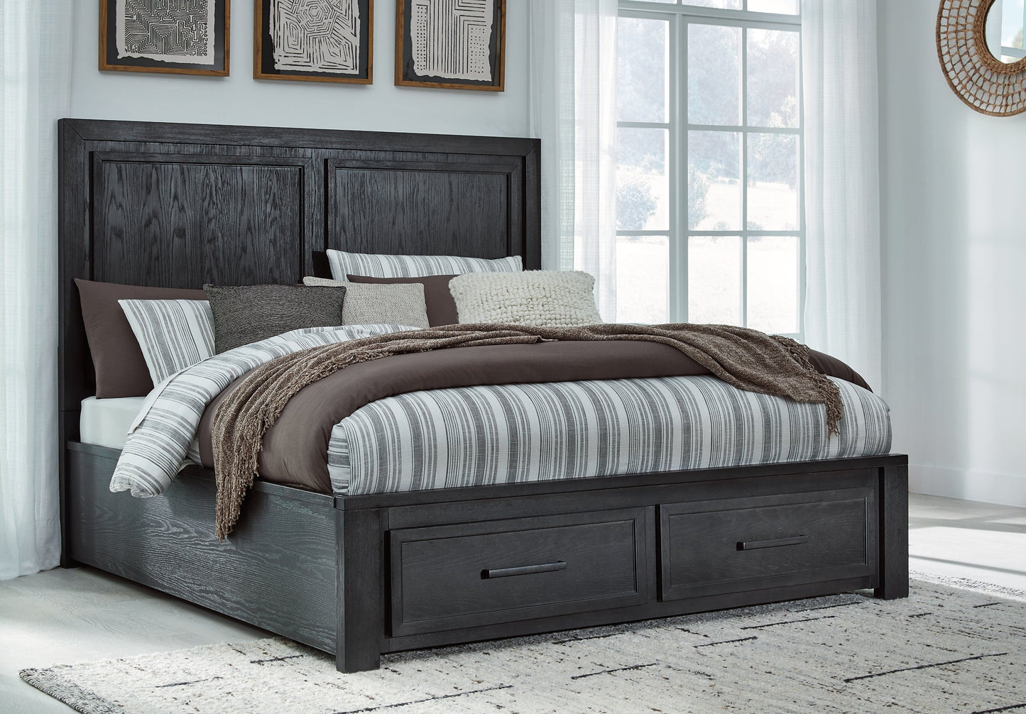 Foyland California King Panel Storage Bed with Mirrored Dresser, Chest and Nightstand at Walker Mattress and Furniture Locations in Cedar Park and Belton TX.