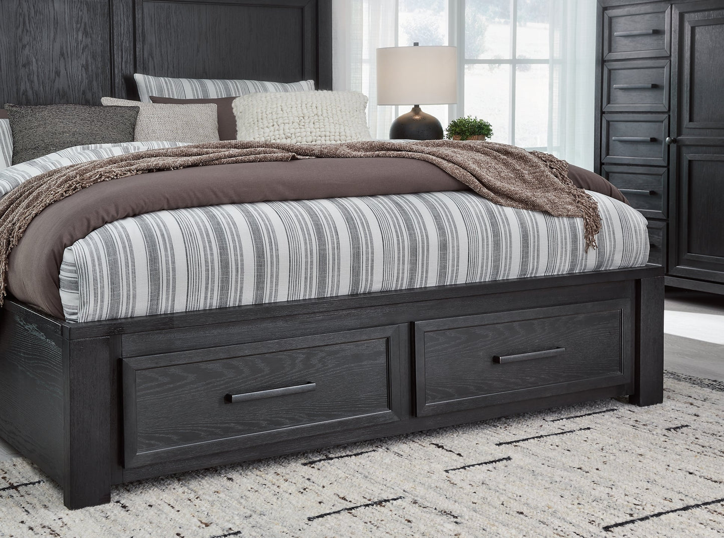 Foyland California King Panel Storage Bed with Mirrored Dresser, Chest and Nightstand at Walker Mattress and Furniture Locations in Cedar Park and Belton TX.