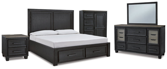 Foyland California King Panel Storage Bed with Mirrored Dresser, Chest and Nightstand at Walker Mattress and Furniture Locations in Cedar Park and Belton TX.