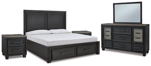 Foyland California King Panel Storage Bed with Mirrored Dresser and 2 Nightstands at Walker Mattress and Furniture Locations in Cedar Park and Belton TX.