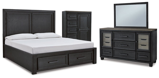 Foyland California King Panel Storage Bed with Mirrored Dresser and Chest at Walker Mattress and Furniture Locations in Cedar Park and Belton TX.