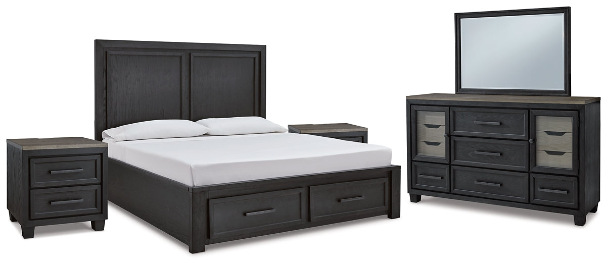 Foyland King Panel Storage Bed with Mirrored Dresser and 2 Nightstands at Walker Mattress and Furniture Locations in Cedar Park and Belton TX.