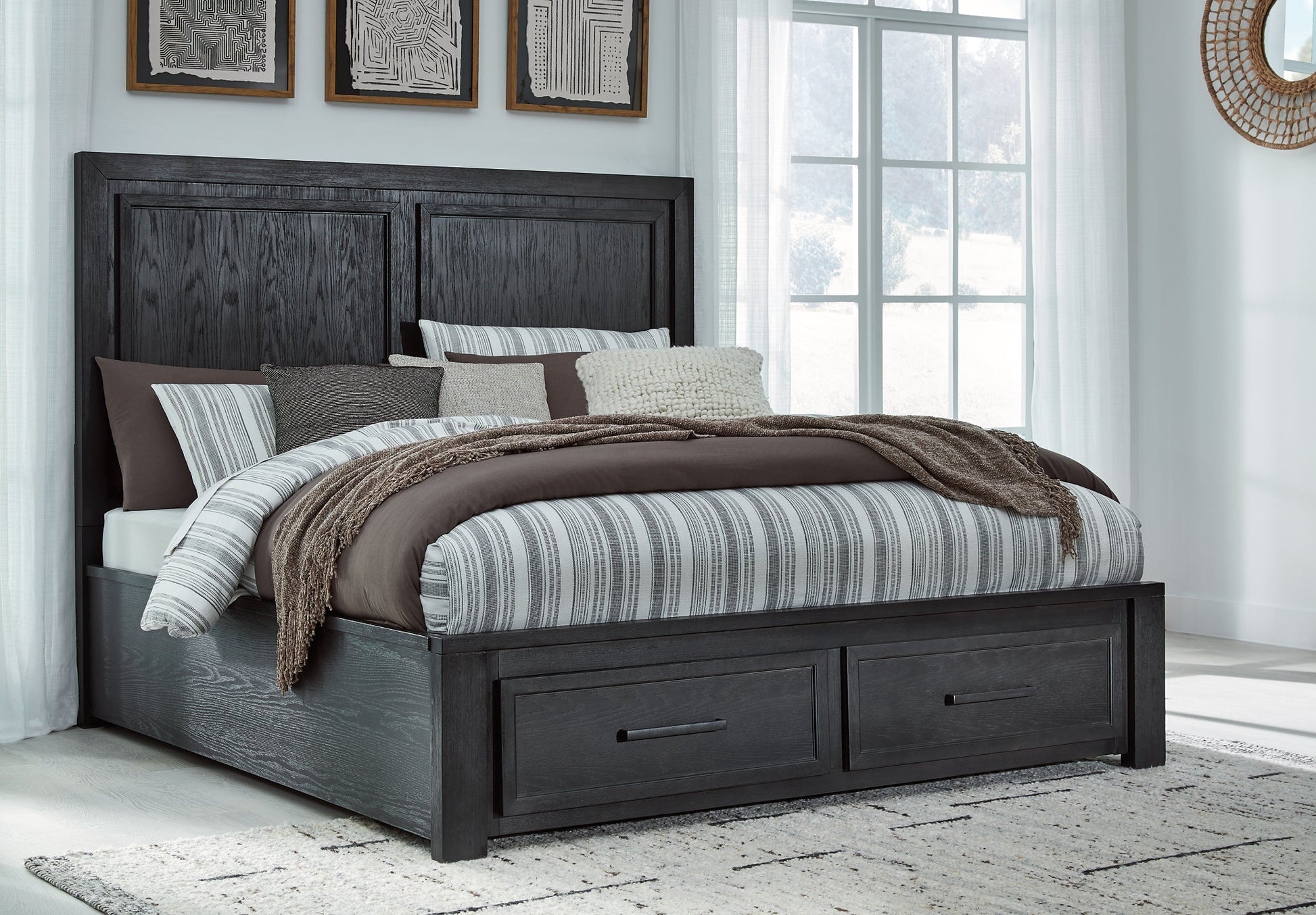 Foyland King Panel Storage Bed with Mirrored Dresser and 2 Nightstands at Walker Mattress and Furniture Locations in Cedar Park and Belton TX.